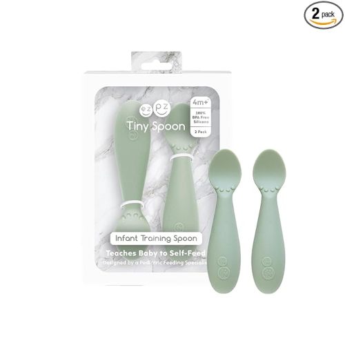 ezpz Tiny Spoon (2 Pack in Sage) - 6 Months+ - 100% Silicone Spoon for Baby Led Weaning + Purees - Designed by a Pediatric Feeding Specialist - Shower Essentials & Gifts