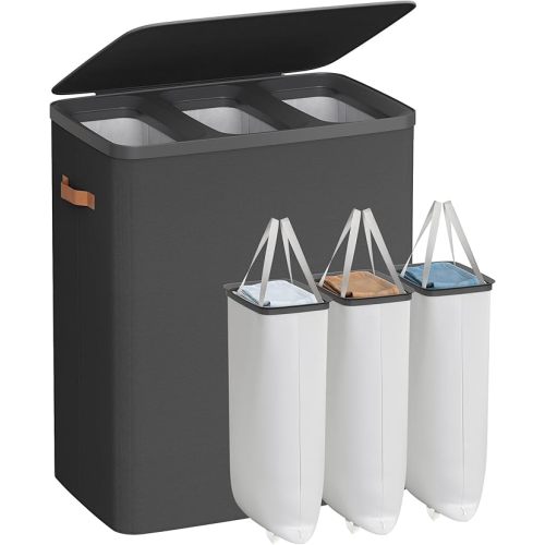 SONGMICS Laundry Basket, 50.2 Gal. Laundry Hamper, 3 Compartments, Easy Assembly, with Lid and Handles, Removable Liners, 25.2 x 15.7 x 29.5 Inches, Ink Black ULCB814BH01