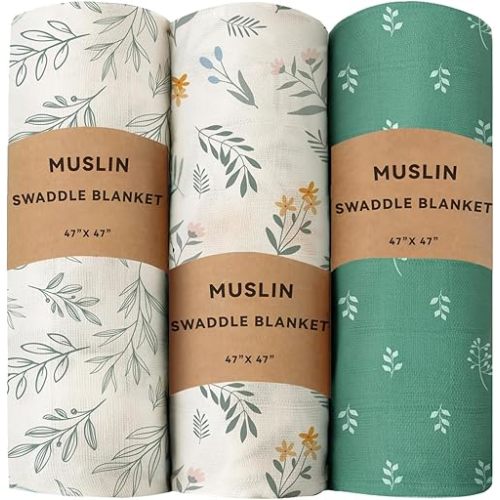 3 Pack Baby Muslin Swaddle Blankets Gender Neutral Large Swaddles for Newborn Baby Boys or Girls Light Receiving Blankets Newborn Infant Essentials for Mom (Leaf)