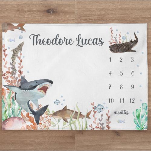 Shark Milestone Blanket, Custom Baby Boy Under the Sea Baby Name Blanket, Personalized Underwater Fish Blanket Baby Shower Gift