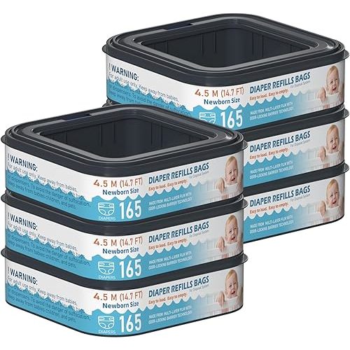 Square Starter Refills Disposal Bags Refill Compatible with Diaper Genie Classic, Compact and Select Pails, Hold Up to 165 Newborn-Sized Diapers Per Refill, 6 Pack