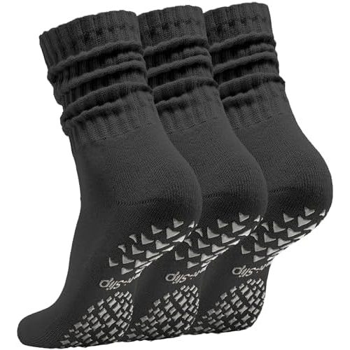 Women’s Pilates Socks with Grips – 3 Pairs Scrunch Crew Non-Slip Yoga Barre Workout Hospital Slipper Slouch Socks