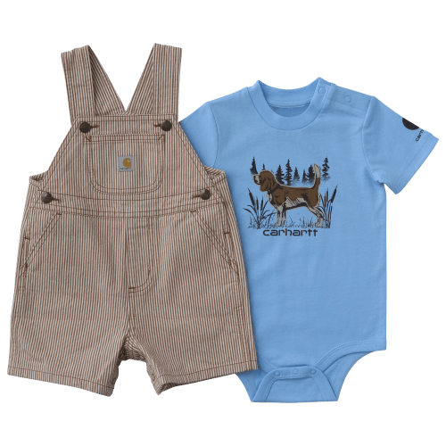 Carhartt Dog Short-Sleeve Bodysuit and Striped Shortalls 2-Piece Set for Babies