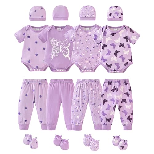 Newborn Baby Clothes Unisex Baby Layette Set Infant Romper Outfit 0-12M | Infant Baby Boy Girls Shower Gift Cute Pattern Bodysuit with Long Pants, Hat and Mitten 15-20Pcs Baby Essentials Clothing Set