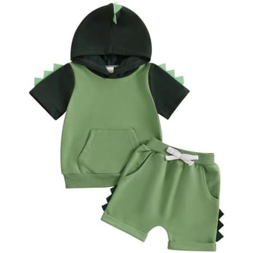 Toddler Baby Boy Hooded Summer Clothes Dinosaur Short Sleeve Color Block Shorts Set Cute Infant Summer Outfit