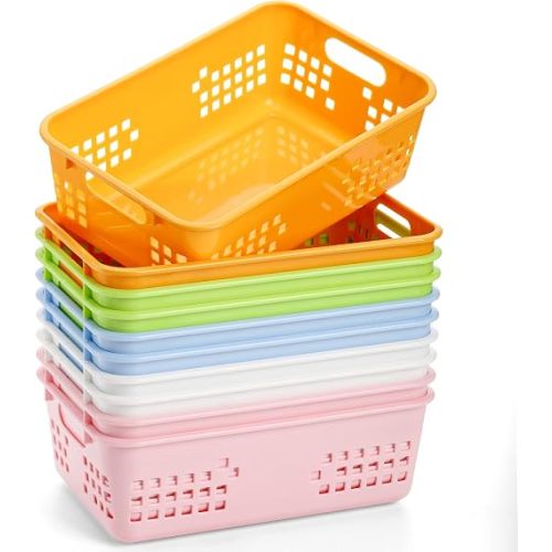 10 Pack Plastic Storage Baskets, 10.5 x 7 x 3.5 Inch Colorful Classroom Storage Organizer Baskets Trays with Grip Handles for Desktop, Drawer, Kitchen, Bathroom, School Supplies, 5 Colors