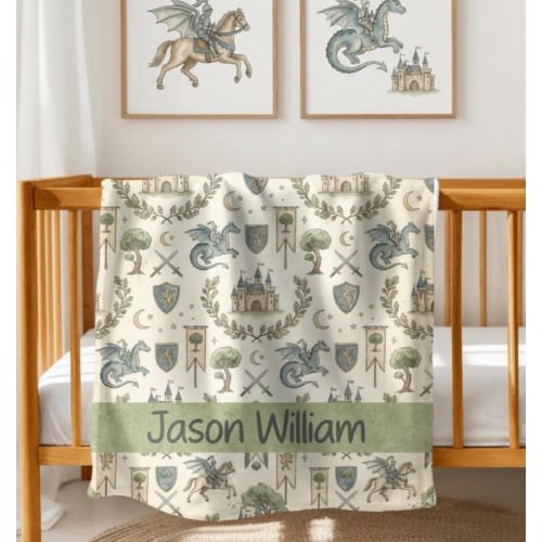 Personalized Knight & Dragon Baby Blanket, Custom Name Medieval Nursery Blanket, Castle Baby Blanket Gift, Fantasy Nursery Bedding