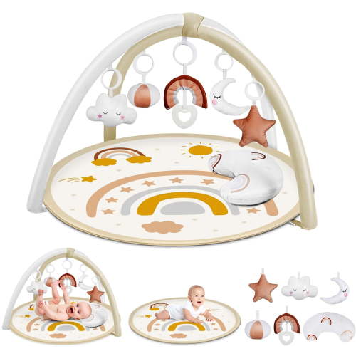 Baby Play Gym Mat, Tummy Time Mat with 6 Detachable Toys for Stage-Based Sensory & Motor Skill All Development, Washable Non Slip Play Mats for Infant, Newborn Infant Baby Essentials Gift(Beige)