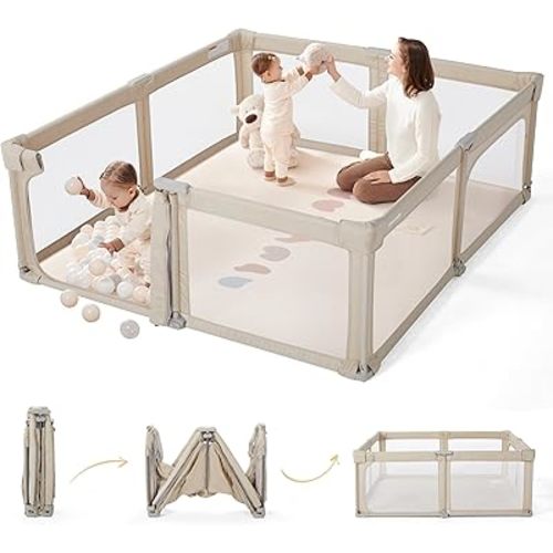 Sweeby Baby Playpen, 59x59 Inch Baby Gate Playpens for Babies and Toddlers, Extra Large Playpen with Door Play Yard for Fence Indoor and Outdoor Play Pen, Oat Khaki