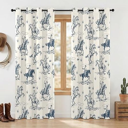 Western Cowboy Blackout Curtains – 100% Blackout Rustic Western Rodeo & Cowboy Design, Thermal Insulated Noise Reducing for Bedroom, Living Room & Man Cave (Vintage Lasso Riders, W52xL84, 2 Panels)