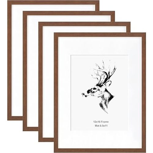 Yaetm 12x16 Picture Frame with Mat for 8.5x11 Set of 4, Walnut Brown, Solid Wood Photo Frames 12 x 16 for Photos, Posters & Art Prints, Lightweight, Wall Mounting (4 pack, Walnut)