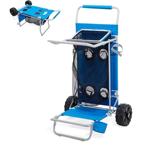 2-in-1 Beach Cart with Big Wheels for Sand, Folding Utility Wagon with Chair Holder, Cooler Bag, Mesh Storage, 4 Cup Holders, Umbrella Rack, Supports 100 lbs, Ideal for Beach Camping Shopping