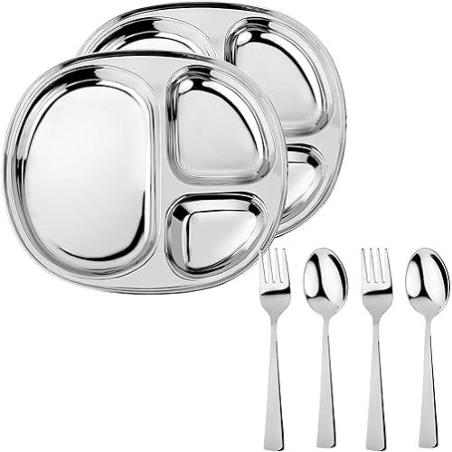 Ahimsa Stainless Steel Kids Plates and Utensils Set | 2 Classic Silver Divided Plates + 2 Classic Silver Utensil Sets (Fork + Spoon) | Non Toxic, Durable Toddler Plate & Kids Silverware