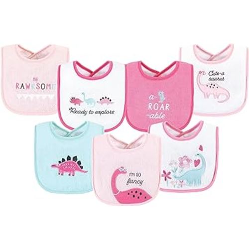 Hudson Baby Unisex Baby Cotton Terry Drooler Bibs with Fiber Filling, Girl Dino, One Size