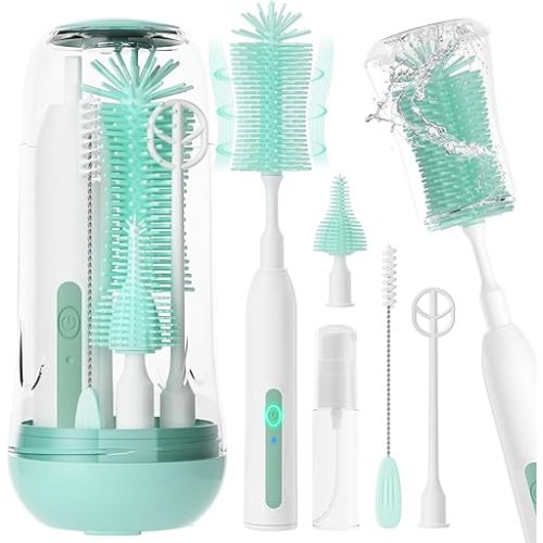 Electric Bottle Brush Cleaner,Rechargeable Baby Bottle Cleaning kit with Formula Mixer, Silicone Nipple&Straw Brush, Soap Dispenser, Drying Rack-IPX7 Waterproof,Long Battery Life for Home & Travel