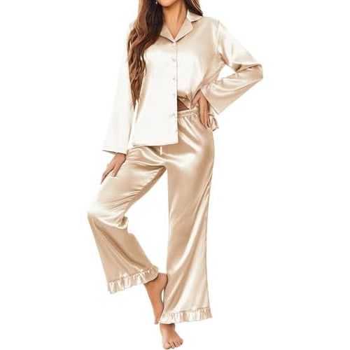 Ekouaer Silk Satin Pajamas Set Womens Long Sleepwear Button Down 2 Piece Classic Soft Loungewear Pjs Set