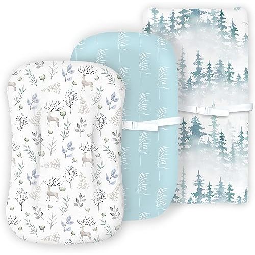 100% Organic Cotton Baby Lounger or Changing Pad Covers with Reenforced Safety Strap Holes. Fits Evolur, Munchkin, Delta, Snuggle Me and More. Multi-Use 3 Pk of Covers Only, Green Pattern