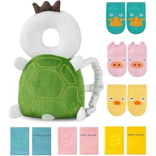 JunNeng Toddler Baby Head Protector Backpack for Toddler Walker with Knee Pads&Anti-Slip Socks, Turtle
