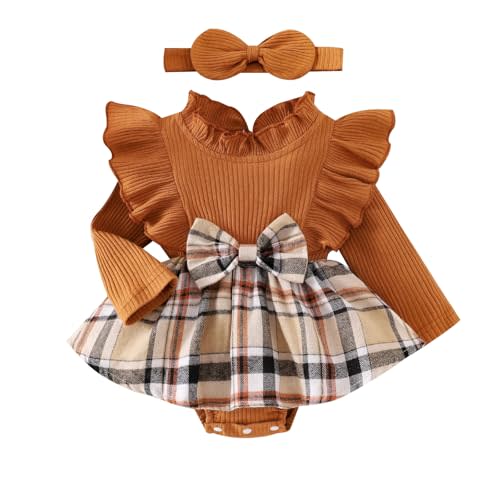 DOMOABEI Baby Girl Clothes Cute Plaid Romper Dress Ruffle Long Sleeve One-piece Jumpsuit Bodysuit with Bow Headband