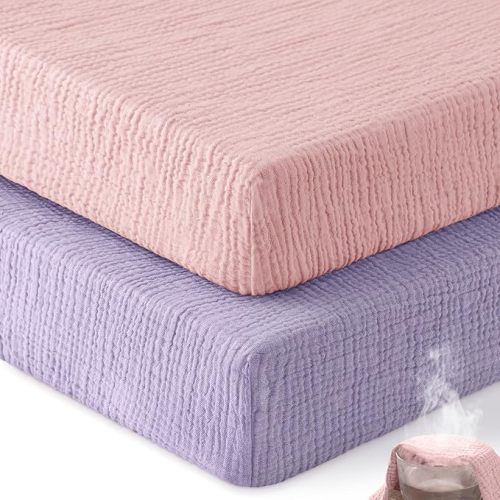 Muslin Crib Sheets for Boys Girls, 100% Cotton Fitted Crib Sheet 2 Pack for Standard Crib and Toddler Mattress, Breathable Soft Baby Sheet 28x52x8in Pink & Purple