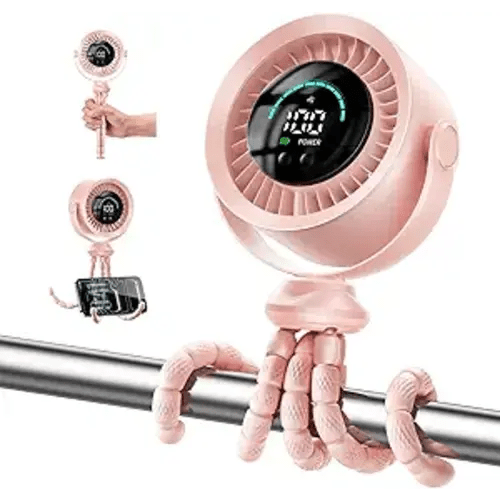 KIMMOO Portable Baby Stroller Fan, 360° Adjustable Quiet Rechargeable USB Fan with LED Display, 100 Speeds Safe Clip Fan for Stroller, Powerful Cooling Fan for Golf Car Seat Treadmill Travel, Pink