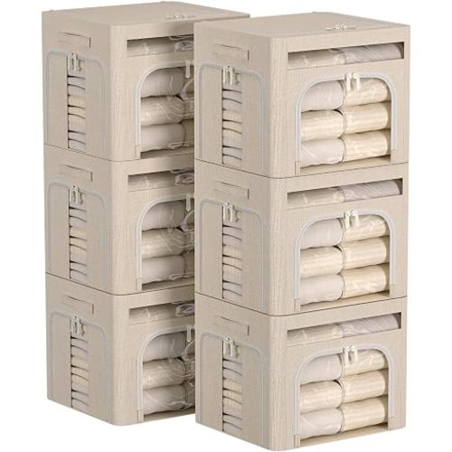 6 Pack Foldable Storage Bins for Clothes Clothes Storage Bins with Metal Frame Stackable Storage Box with Lid (Beige, 16.5x12.2x12.2 inch (40L))