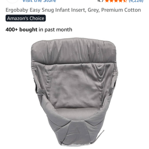 Ergobaby Easy Snug Infant Insert, Grey, Premium Cotton