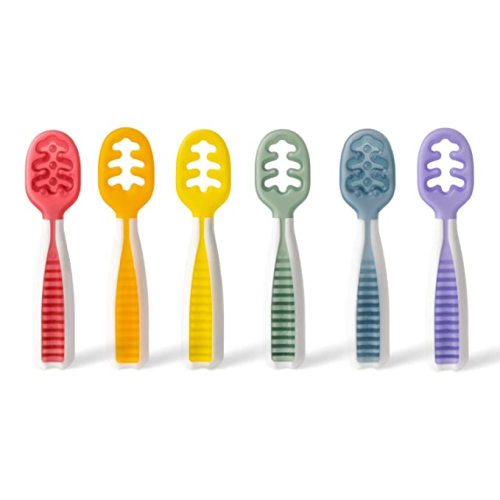 NumNum Pre-Spoon GOOtensils | Baby Spoon Set (Stage 1 + Stage 2) | BPA Free Silicone Self Feeding Toddler Utensils | For Kids Ages 6 Months+, 1-Pack, 6 Spoons, Rainbow