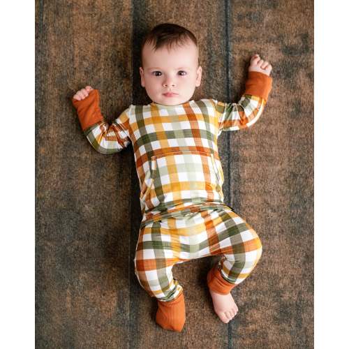 Front Opening Ready Set Romper® in SPRING PLAID + RIBBED CLAY