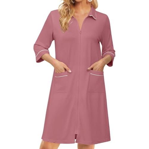 Ekouaer Zipper Robes for Women 3/4 Sleeve Housecoats Knee Length Bathrobe Lightweight Nightgown with Pockets S-3XL