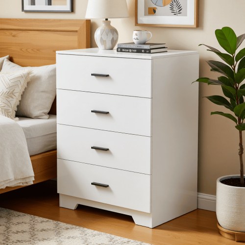 Capri White 4 Drawer Dresser with Power Outlets, Modern Nightstand, Storage Wide Chest of Drawer, Wooden Dresser Storage Cabinet for Adults, Bedroom Living Room Furniture