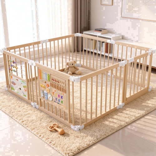 Foldable Wooden Baby Playpen with Gate & 2 Game Boards for Infant Girls & Boys,10+ Toy Set,Adjustable Panel Play Yard Fence for Toddlers,63"x63"x24"