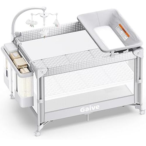 4 in 1 Baby Bassinet, One-Push Setup Pack and Play, Bedside Crib Sleeper with 3 Height Adjustable，Diaper Changer, Come with Comfy Mattress, Rotating Toy Bar, from Infants to Toddlers (Grey)