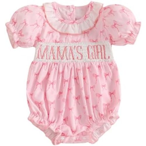 Newborn Baby Girl Romper Bow Embroidery Short Sleeve Pleated Smock Bubble Romper Jumpsuit Bodysuit Summer Clothes