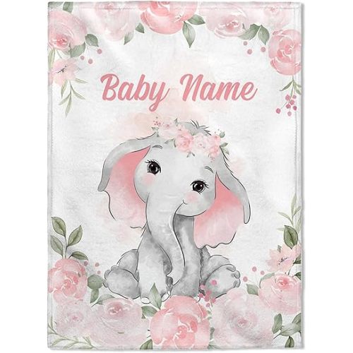 FLOCHIL Personalized Baby Blanket for Girls, Custom Baby Blanket with Name, Customized Elephant Baby Blanket, Gift for Baby Shower, Toddler, Babies, Newborn