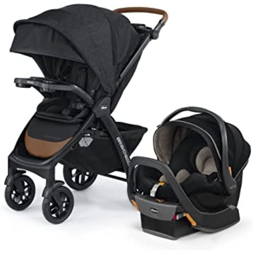 Chicco Bravo Primo Trio Travel System, Bravo Primo Quick-Fold Stroller with Chicco KeyFit 35 Zip Extended-Use Infant Car Seat, Car Seat and Stroller Combo | Springhill/Black