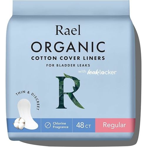 Rael Incontinence Liners for Women, Organic Cotton Cover, Postpartum Essential, Moderate Absorbency, Bladder Control, 4-Layer Core with Leak Guard Technology (Regular, 48 Count)