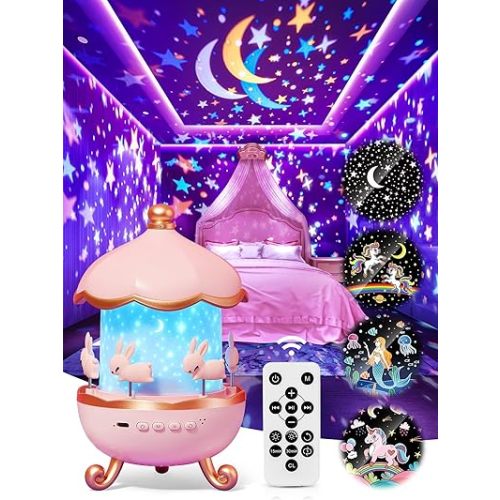 Carousel Night Light for Kids, 15 Music+15 Films+315 Colors Star Projector for Kids Night Light Projector, 360°+Remote+1200mah Unicorn Toys for Girls Room Decor, Baby Learning Toys Easter Gifts Bunny