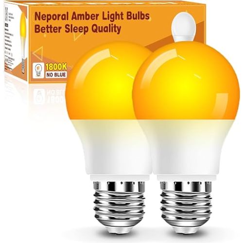 Neporal A15 Amber LED Light Bulb 1800K, True Blue Light Blocking Sleep Aid Bulb for Bedroom Nursery, 7W Replacement for 40W, Soft Warm Glow to Protect Melatonin, E26 Base (2, Amber)