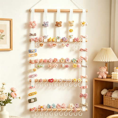 Honmine Hanging Hair Bow Organizer 3 Tier, Wooden Dowels and Hooks for Hair Clips, Polyester Ribbon Storage Wall Decor for Girls Bedroom, Nursery
