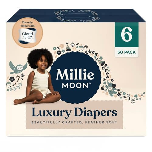 Millie Moon Luxury Diapers – Ultra Soft Cloud Touch Disposable Diapers with 12 Hour Absorbency & Wetness Indicator (6-50ct)