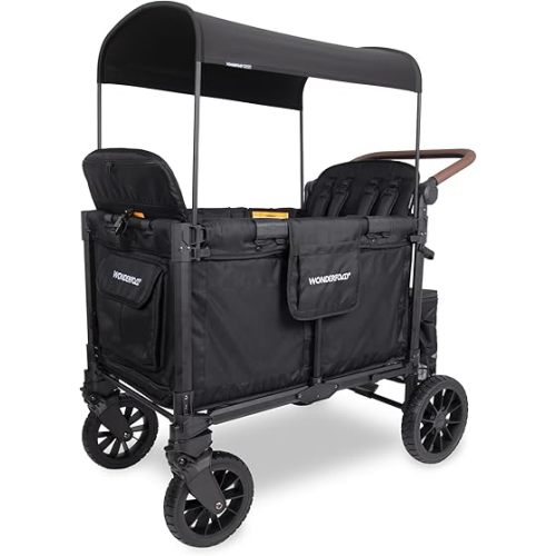 WONDERFOLD W4 Luxe Pro Stroller Wagon (4 Seater) - Collapsible Wagon Stroller with Seats Featuring 5-Point Safety Harnesses and Adjustable Sun Canopy, Jet Black