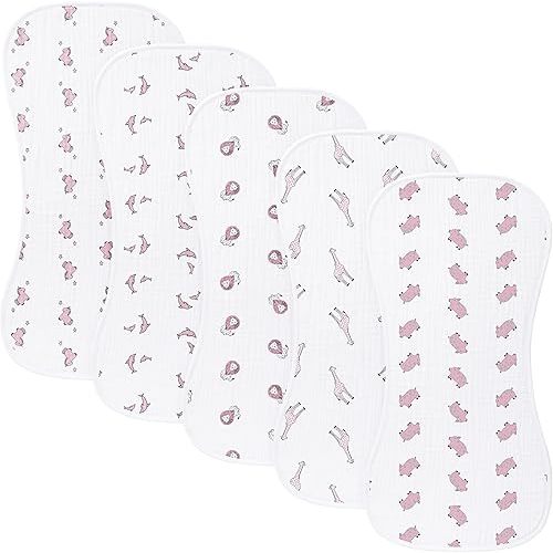 sleepyturtle 5 Pack Baby Burp Cloths, Unisex Newborn Burping Cloths, Soft and Absorbent Muslin Cotton, Large Size for Newborn, (Pink-cjl)