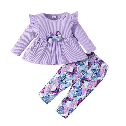 Girls Outfits Long Sleeve Butterfly Print Tops And Pants Two Pieces Set Toddler Girl Clothes Purple 18 Months-24 Months