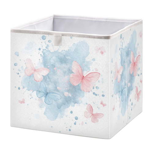 WOBOGO Pink and Blue Butterflies Storage Basket Foldable Easy to Clean Durable with Hollow Support Plate with Handle 11.02×11.02×11.02 in