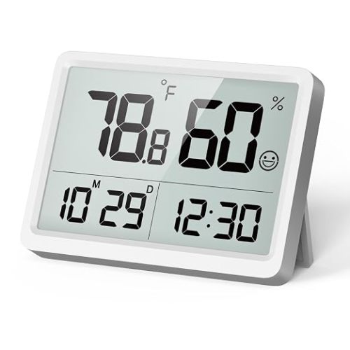Digital Room Thermometer and Humidity Monitor with Calibration,High Accuracy Sensor Indoor Hygrometer with Date & Clock Desktop Magnet Sticky for Baby Room Greenhouse Guitar(White)