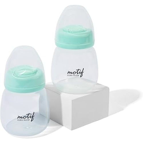 Motif Medical Breast Milk Storage Bottles for Aura Glow Breast Pump - Durable Plastic Breastfeeding Essentials w/Disks, Covers & Nipple Caps - Breast Milk Container (Set of 2, 6oz)