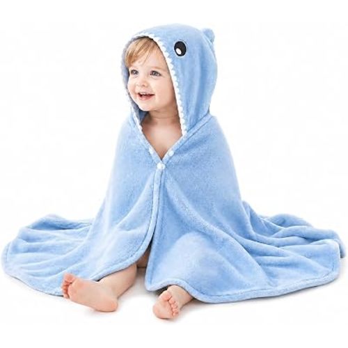 ROMASA Toddler Hooded Bath Towel Ultra Soft Towel Highly Absorbent Bathrobe Blanket for Boys Girls- 27.5" x 55"(Blue Shark-Shape)