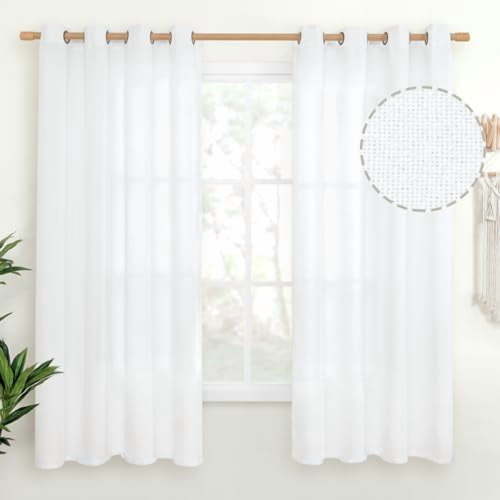White Linen Curtains 68 Inch Length for Living Room, Light Filtering Semi Sheer Window Drapes with Bronze Grommet Privacy for Bedroom, 52 x 68 Inch, 2 Panels