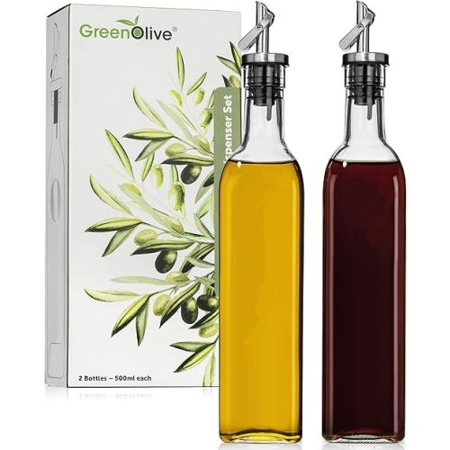 Olive Oil and Vinegar Dispenser Set - 17 oz. Clear Glass Bottles with No-Drip BPA-Free Spouts - Ideal for Kitchen, Cooking, and Dining - Set of 2